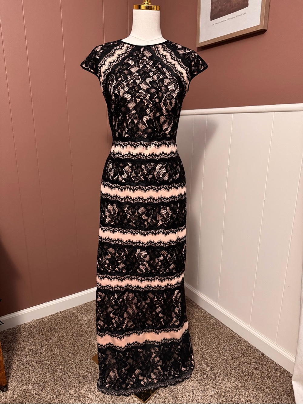 Tadashi Shoji Black Lace and Blush Pink Cap Sleeve Maxi Dress